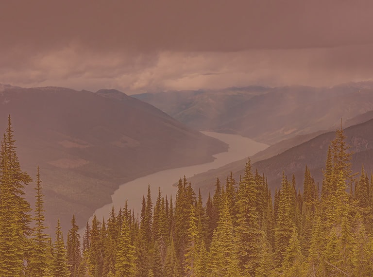 Photographie d'une rivière entre les montagnes et la cime des arbres en Colombie-Britannique.